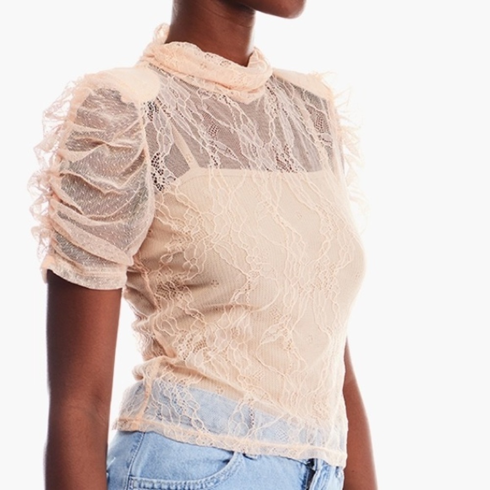 Vintage Forever 21 Sheer Lace Cottagecore High Neck Puff Sleeves Top